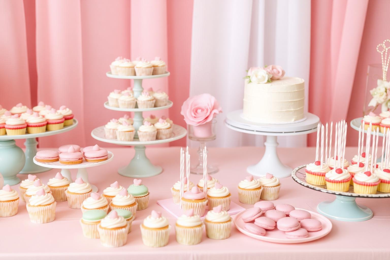 Styled pastel party dessert table with cupcakes, macarons and a celebration cake