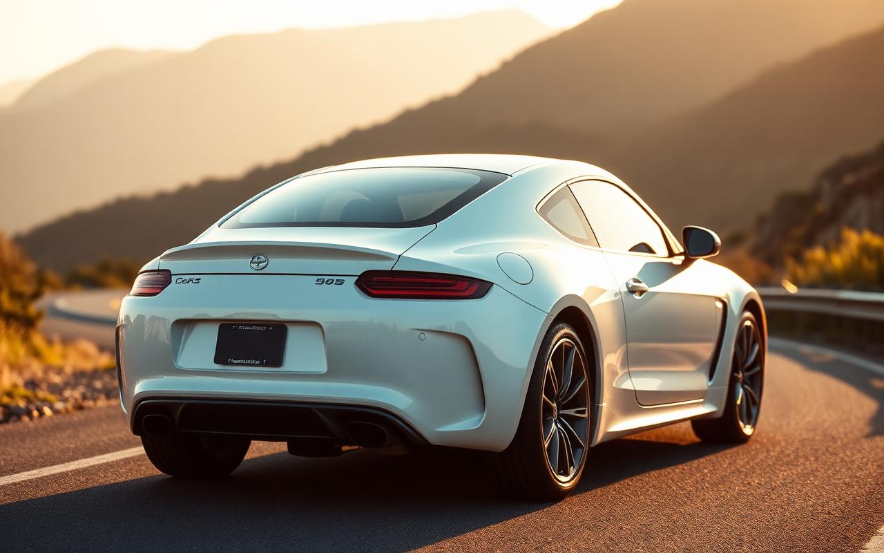 White rear-wheel-drive sports coupe on a coastal mountain road