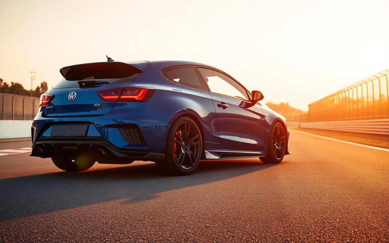 Blue performance hot hatch with red brake calipers on a racetrack