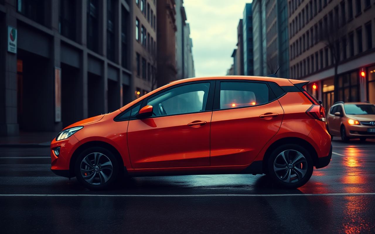 Orange compact electric hot hatch on a wet city street at dusk