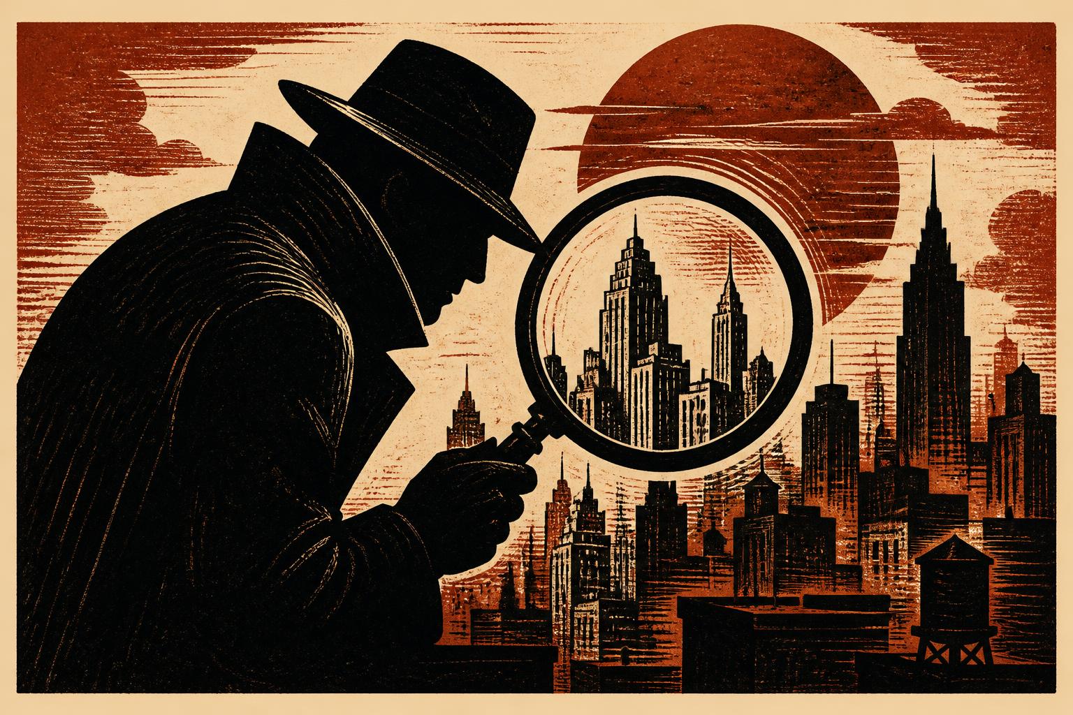Editorial illustration of a detective figure with a magnifying glass over a cityscape